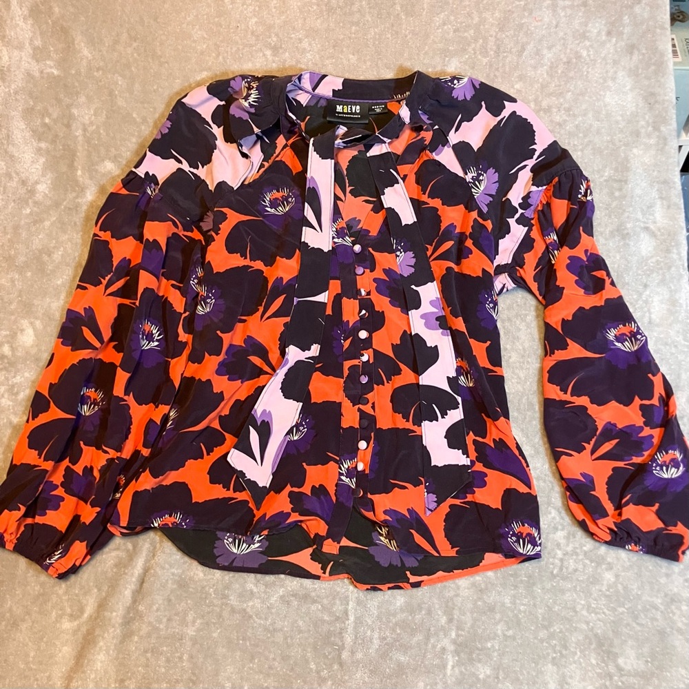 Maeve‎ Anthropologie Silk Floral Shoulder Cut Out 3/4 Balloon Sleeve Blouse M
